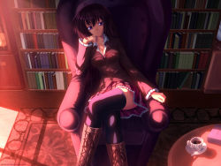 Rule 34 | 1girl, akaba chizuru, armchair, atomix, black hair, black thighhighs, book, bookshelf, boots, breasts, chair, cleavage, cross-laced footwear, crossed legs, cup, knee boots, lace-up boots, light, long hair, medium breasts, purple eyes, room, seitokai no ichizon, shade, sitting, solo, teacup, thighhighs, window shadow