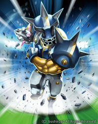 Rule 34 | 1boy, armor, ball, cardfight!! vanguard, charging bill collector, colored skin, company name, funbolt, gloves, helmet, horns, male focus, official art, rock, rugby ball, rugby uniform, solo, sportswear, yellow skin