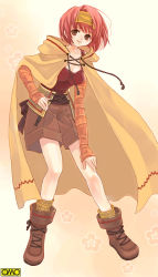 Rule 34 | 1girl, asura fantasy online, boots, brown eyes, cape, cloak, kuga tsukasa, omc, red hair, shorts, solo