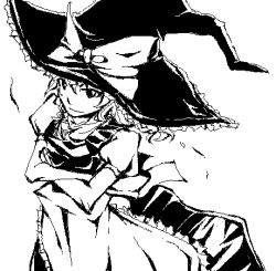 Rule 34 | 1girl, braid, crossed arms, female focus, greyscale, gyoh, hat, kirisame marisa, lowres, monochrome, ribbon, solo, touhou, white background, witch, witch hat