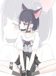 Rule 34 | 1girl, absurdres, animal ears, black choker, black footwear, black hair, black mask, black socks, blue archive, blush, butterfly sitting, cat ears, choker, collarbone, colored inner hair, extra ears, hair ornament, hairclip, halo, highres, kazusa (band) (blue archive), kazusa (blue archive), mask, mouth mask, multicolored hair, official alternate costume, pink hair, pink halo, pleated skirt, red eyes, shirt, shoes, short hair, short sleeves, sitting, skirt, socks, solo, thigh strap, tonkotsu frappuccino, white shirt, white skirt, zoom layer