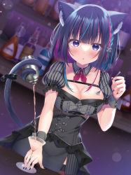 Rule 34 | 1girl, alcohol, animal ear fluff, animal ears, black dress, blue hair, breasts, cat ears, cat tail, cleavage, collarbone, copyright request, cup, dress, drinking glass, holding, holding with tail, komiya hitoma, looking at viewer, medium hair, pouring, prehensile tail, purple eyes, solo, spoon, tail, tail ornament, thighhighs, wine glass