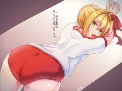 Rule 34 | 1girl, ahoge, artist name, ass, bad id, bad pixiv id, bent over, blonde hair, bound, bound wrists, braid, buruma, fate/grand order, fate (series), french braid, green eyes, gym uniform, hair intakes, highres, looking at viewer, nero claudius (fate), nero claudius (fate) (all), nero claudius (fate/extra), nero claudius (olympian bloomers) (fate), official alternate costume, open mouth, ramchi, red buruma, red ribbon, ribbon, short hair, short sleeves, solo, translation request, two-tone background