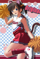 Rule 34 | 1girl, animal ears, bare shoulders, blue eyes, cat ears, cat tail, extra ears, fake animal ears, female focus, from side, g yukishiro, hair ornament, looking at viewer, looking back, miniskirt, original, petite, pleated skirt, red skirt, red socks, short twintails, skirt, sleeveless, smile, socks, solo, standing, standing on one leg, tail, twintails, uniform, upper body