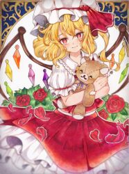 Rule 34 | 1girl, blonde hair, blush, bright pupils, closed mouth, expressionless, flandre scarlet, flower, frilled shirt collar, frills, hair between eyes, hat, highres, looking at viewer, medium hair, miyabiii oekaki, mob cap, one side up, outline, petals, puffy short sleeves, puffy sleeves, red eyes, red flower, red rose, red skirt, red vest, revision, rose, rose petals, short sleeves, skirt, skirt set, solo, stuffed animal, stuffed toy, teddy bear, touhou, traditional media, vest, white outline, white pupils, wings