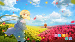 Rule 34 | 10s, 1boy, 1girl, alice to zouroku, bad id, bad pixiv id, blonde hair, bouquet, cloud, copyright name, day, field, flower, flower field, frilled skirt, frills, hair ornament, hair scrunchie, hood, hoodie, horizon, kashimura sana, kashimura zouroku, looking at viewer, low twintails, motion blur, open clothes, open hoodie, open mouth, outdoors, petals, red eyes, scrunchie, seikimatsu rori, skirt, solo focus, striped clothes, striped thighhighs, thighhighs, twintails
