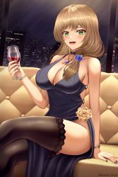 Rule 34 | 1girl, bad id, bad pixiv id, bare shoulders, blonde hair, blush, bottle, braid, breasts, cleavage, crossed legs, cup, drinking glass, flower, genshin impact, green eyes, hair flower, hair ornament, highres, indoors, large breasts, lisa (genshin impact), long hair, looking at viewer, nail polish, night, rayleigh scale, side slit, sitting, solo, thighhighs, thighs, wine bottle, wine glass