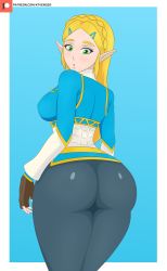 Rule 34 | 1girl, ass, blonde hair, blue shirt, breasts, fingerless gloves, from behind, gloves, green eyes, hair ornament, hairclip, half updo, highres, huge ass, k7venger, large breasts, long hair, looking back, looking down, nintendo, open mouth, pants, pointy ears, princess zelda, shiny clothes, shirt, sideboob, skin tight, solo, the legend of zelda, the legend of zelda: breath of the wild, tight clothes, tight pants