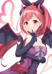 Rule 34 | absurdres, arm under breasts, bare shoulders, black gloves, bow, breasts, cleavage, closed mouth, clothing cutout, collar, curled horns, demon wings, dress, earrings, floating hair, gloves, hair bow, hand to own mouth, heart cutout, highres, horns, index finger raised, io (princess connect!), jewelry, large breasts, long hair, looking to the side, namaesan7 (59129832), off-shoulder dress, off shoulder, ponytail, princess connect!, purple dress, red eyes, simple background, sleeveless, sleeveless dress, swept bangs, upper body, wings