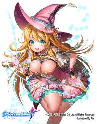 Rule 34 | 1girl, aile (crossroads), blonde hair, blue eyes, blush, breasts, circle skirt, cleavage, hat, large breasts, long hair, magic, official art, original, sirius (soccer spirits), smile, soccer spirits, solo, watermark, witch hat