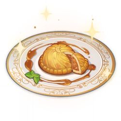 Rule 34 | artist request, commentary, english commentary, food, food focus, game cg, genshin impact, leaf, lowres, no humans, official art, pie, plate, sauce, simple background, sparkle, still life, third-party source, transparent background