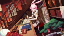 Rule 34 | 1girl, animal ears, blurry, blurry foreground, bonsai, book, breasts, brush, cabinet, china dress, chinese clothes, cleavage, closed mouth, cushion, dress, fox ears, gloves, hair between eyes, hair ornament, holding, holding brush, hongbao, honkai (series), honkai impact 3rd, indoors, looking at viewer, ninja, official art, official wallpaper, pink hair, purple eyes, short sleeves, sitting, smile, solo, stairs, table, white gloves, window, writing, yae kasumi, yae sakura, yae kasumi