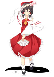 Rule 34 | 1girl, ascot, bad id, bad pixiv id, black hair, bow, brown eyes, detached sleeves, hand fan, firecharmer, folding fan, full body, hair bow, hair tubes, hakurei reimu, mary janes, ofuda, red bow, red shirt, red skirt, shirt, shoes, simple background, skirt, skirt set, solo, standing, touhou, white background, wide sleeves, yin yang