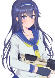 Rule 34 | 1girl, bad id, bad pixiv id, black gloves, black hair, blue hairband, blue sailor collar, blue skirt, blush, closed mouth, commentary request, fingerless gloves, girls&#039; frontline, gloves, gun, hair between eyes, hairband, highres, holding, holding gun, holding weapon, long hair, long sleeves, looking at viewer, mitsumine raimu, mole, mole under eye, name connection, necktie, object namesake, pleated skirt, purple eyes, sailor collar, school uniform, serafuku, shirt, simple background, skirt, smile, solo, super sass, super sass (girls&#039; frontline), trigger discipline, very long hair, weapon, white background, white shirt, yellow necktie