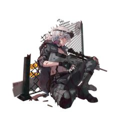 Rule 34 | 1girl, artist request, assault rifle, black gloves, blood, blood on face, boots, breasts, camouflage, camouflage jacket, camouflage pants, choker, commentary, commentary request, damaged, eyewear on head, fingerless gloves, girls&#039; frontline, gloves, gun, hair between eyes, holding, holding weapon, imoko (imonatsuki), jacket, looking at viewer, medium hair, official alternate costume, official art, on floor, pants, purple eyes, rifle, silver hair, sl8 (girls&#039; frontline), sl8 (red moon stalker) (girls&#039; frontline), solo, transparent background, weapon