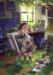Rule 34 | 1girl, apron, art brush, bird, blonde hair, book, boots, rabbit, canvas (object), cymbals, easel, gloves, grass, hat, instrument, jong tu, marching band, night, night sky, oekaki musume, original, paint, paintbrush, painting (action), palette (object), sky, solo, starry sky print, tree, trumpet, window