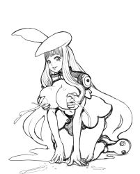 Rule 34 | 1girl, animal ears, bokkori, breasts, curvy, grabbing, grabbing another&#039;s breast, huge breasts, lactation, large breasts, leaning forward, long hair, looking at viewer, melona (queen&#039;s blade), monochrome, monster girl, nipples, queen&#039;s blade, rabbit ears, simple background, slime girl, smile, solo, very long hair, wide hips