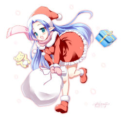 Rule 34 | 1girl, aqua eyes, bag, blue eyes, blue hair, blush, boots, christmas, fang, gift, gloves, hat, long hair, matching hair/eyes, miniskirt, mittens, open mouth, original, pikazo, pink scarf, pointy ears, sack, santa costume, santa hat, scarf, simple background, skirt, smile, snow, solo, standing, standing on one leg, stuffed animal, stuffed toy, upskirt, v arms