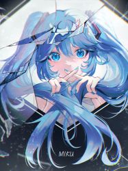 Rule 34 | 1girl, absurdres, blue eyes, blue hair, character name, crossed fingers, eun yelim, hair ornament, hatsune miku, highres, holding, holding own hair, long hair, looking at viewer, nail polish, pale skin, shattered, solo, twintails, very long hair, vocaloid, x fingers
