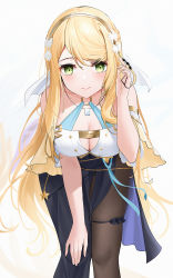 Rule 34 | 1girl, atelier (series), azur lane, bare shoulders, black pantyhose, black skirt, blonde hair, breasts, cleavage, closed mouth, detached sleeves, feet out of frame, frilled sleeves, frills, green eyes, hairband, hand in own hair, hand on own knee, hand up, highres, klaudia valentz, large breasts, leaning forward, long hair, looking at viewer, o-ring, pantyhose, qing wu, shirt, short sleeves, sidelocks, skirt, smile, solo, standing, swept bangs, thigh strap, white shirt, wide sleeves, yellow sleeves