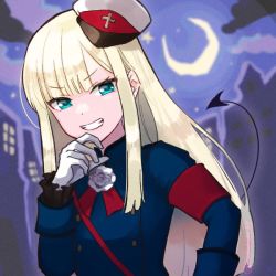 Rule 34 | 1girl, armband, black hat, blonde hair, blue jacket, buttons, commentary request, crescent moon, demon tail, double-breasted, fate/grand order, fate (series), flower, gloves, grin, hand up, hat, jacket, long hair, long sleeves, matsui haru, moon, multicolored clothes, multicolored hat, night, outdoors, red armband, red hat, reines el-melloi archisorte, smile, tail, teeth, white flower, white gloves, white hat