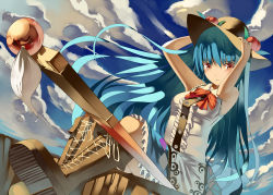 Rule 34 | 1girl, adapted costume, adjusting clothes, adjusting headwear, bare shoulders, blue hair, boots, cloud, cross-laced footwear, dress, female focus, food, fruit, hands on headwear, hat, hinanawi tenshi, kureha (ironika), lace-up boots, long hair, peach, red eyes, sitting, sky, sleeveless, sleeveless dress, solo, sun hat, sword, sword of hisou, tassel, touhou, weapon