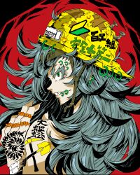 Rule 34 | 1girl, absurdres, back, bow, centipede tattoo, clenched teeth, colored eyelashes, commentary request, earrings, finger bow, flipped hair, from behind, green eyes, grey hair, hand tattoo, hard hat, helmet, highres, himemushi momoyo, jewelry, lip ring, long hair, looking at viewer, looking back, masking tape (medium), messy hair, multiple earrings, nehitsuji (syatihokoga), orange bow, pickaxe, red background, sharp teeth, shoshinsha mark, shoulder tattoo, shovel, solo, tattoo, teeth, touhou, upper body, yellow headwear