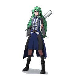 Rule 34 | 1girl, alternate costume, belt, blue eyes, blue skirt, boots, collared shirt, commentary, commission, cross-laced footwear, detached sleeves, english commentary, eyes visible through hair, frog, frog hair ornament, gloves, gohei, green hair, hair ornament, highres, kochiya sanae, lace-up boots, long hair, looking at viewer, mata (matasoup), shirt, simple background, skirt, snake, snake hair ornament, solo, surcoat, touhou, white background, white shirt