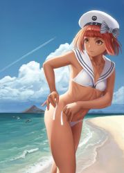 Rule 34 | 10s, 3:, 6+girls, abyssal ship, backlighting, beach, bikini, blue sky, blunt bangs, bow, breasts, brown eyes, brown hair, character name, closed mouth, clothes writing, cloud, collarbone, contrail, day, enemy naval mine (kancolle), eyelashes, fingernails, hair bow, hat, highres, holding, i-168 (kancolle), i-19 (kancolle), i-58 (kancolle), i-8 (kancolle), kantai collection, leaning forward, looking at viewer, looking away, looking back, mountain, multiple girls, navel, ocean, outdoors, ribs, ro-500 (kancolle), sailor bikini, sailor collar, sailor hat, shade, short hair, side-tie bikini bottom, sky, small breasts, solo focus, standing, stomach, striped, striped bow, swimsuit, tying, u-511 (kancolle), untied bikini, white bikini, yamaneko (tkdrumsco), z3 max schultz (kancolle)