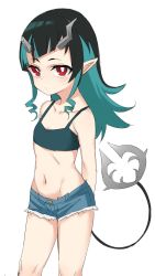 Rule 34 | 1girl, nanashi inc., black hair, blue camisole, blue hair, blue shorts, blush, camisole, closed mouth, commentary request, contrapposto, demon girl, demon horns, demon tail, expressionless, feet out of frame, flat chest, highres, horns, long hair, looking at viewer, migchip, multicolored hair, pointy ears, red eyes, shishio chris, short shorts, shorts, simple background, solo, sugar lyric, tail, two-tone hair, virtual youtuber, white background