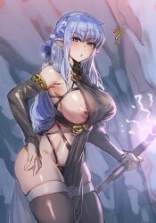 Rule 34 | 1girl, ?, black sleeves, black thighhighs, blue hair, bow (bhp), breasts, bridal gauntlets, commentary request, copyright request, detached sleeves, elf, holding, holding staff, large breasts, long hair, looking at viewer, nipples, pelvic curtain, pointy ears, purple eyes, solo, staff, thighhighs