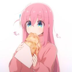 Rule 34 | 1girl, atu, blue eyes, bocchi the rock!, eating, food, gotoh hitori, hair between eyes, hair ornament, hands up, holding, holding food, long hair, long sleeves, pink hair, pink sweater, simple background, solo, sweater, upper body, white background