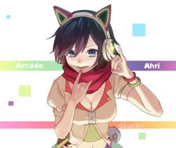 Rule 34 | 1girl, ahri (league of legends), alternate costume, animal ears, arcade ahri, bracelet, breasts, cleavage, fox ears, haruwakame, headphones, jewelry, large breasts, league of legends, midriff, mole, mole under eye, multiple tails, nail polish, navel, open mouth, purple hair, red scarf, scarf, short hair, solo, tail, thighhighs, twitter username