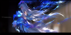 Rule 34 | 1girl, artist name, blurry, blurry background, claws, commentary request, cowboy shot, depth of field, floating hair, from side, gauntlets, highres, holding, holding skull, letterboxed, long hair, magic, negative space, pixiv fantasia, pixiv fantasia last saga, profile, red eyes, sidelocks, skull, solo, standing, swd3e2, very long hair, white hair