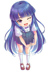 Rule 34 | 1girl, ;d, black skirt, blue hair, blunt bangs, blush, bow, bowtie, brown footwear, chinese commentary, commentary request, eyelashes, full body, furude rika, head tilt, highres, higurashi no naku koro ni, interlocked fingers, long hair, looking at viewer, mary janes, miniskirt, oku no ma, one eye closed, open mouth, own hands together, partial commentary, pleated skirt, purple bow, purple bowtie, purple eyes, ringed eyes, shirt, shoes, short sleeves, sidelocks, simple background, skirt, smile, socks, solo, standing, straight hair, suspender skirt, suspenders, upturned eyes, very long hair, white background, white shirt, white socks