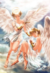 Rule 34 | 2girls, angel, cloud, dress, closed eyes, halo, lowres, multiple girls, s zenith lee, sandals, sky, sunlight, sword, tagme, weapon, wings