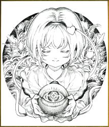 Rule 34 | 1girl, blouse, closed mouth, commentary, eyebrows hidden by hair, closed eyes, frilled shirt collar, frilled sleeves, frills, greyscale, hair ornament, hairband, heart, heart hair ornament, highres, holding, komeiji satori, leaf, long sleeves, looking at viewer, millipen (medium), monochrome, oshake, photo (medium), plant, ribbon trim, shirt, short hair, smile, solo, split mouth, third eye, touhou, traditional media, upper body