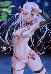 Rule 34 | 1girl, absurdres, armpits, bell, belt collar, bikini, breasts, collar, commentary request, detached sleeves, double bun, floating hair, gradient hair, hair bell, hair between eyes, hair bun, hair ornament, highres, hololive, horns, long hair, looking at viewer, multicolored hair, nakiri ayame, ocean, outdoors, outstretched arm, red hair, sidelocks, skin-covered horns, small breasts, solo, streaked hair, swimsuit, thigh strap, tojo aoi, virtual youtuber, wet, white bikini, white hair
