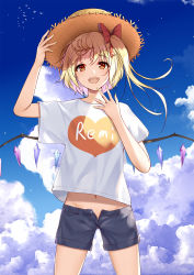 Rule 34 | 1girl, alternate costume, arm up, bird, blonde hair, blue shorts, blue sky, bow, casual, clothes writing, cloud, contemporary, cowboy shot, day, fangs, flan (seeyouflan), flandre scarlet, hair bow, hat, heart, highres, legs apart, long hair, looking at viewer, midriff, navel, open fly, open mouth, outdoors, red bow, red eyes, shirt, short sleeves, shorts, side ponytail, sky, smile, solo, standing, straw hat, summer, touhou, white shirt, wings