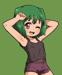Rule 34 | 1girl, armpits, blush, breasts, green hair, looking at viewer, macross, macross frontier, one eye closed, open mouth, ranka lee, red eyes, short hair, shorts, simple background, small breasts, smile, solo, yuuya (blue scarab)