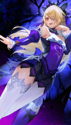 Rule 34 | 1girl, absurdres, black bow, blonde hair, bow, choker, detached sleeves, fischl (ein immernachtstraum) (genshin impact), fischl (genshin impact), genshin impact, hair bow, highres, long hair, looking at viewer, one eye covered, open mouth, purple choker, purple sleeves, red eyes, snozaki, solo, thighhighs, white thighhighs