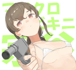 Rule 34 | 1girl, aiming, aiming at viewer, text background, bikini, braid, breasts, brown hair, co botan, commentary request, finger on trigger, gun, holding, holding gun, holding weapon, kantai collection, long hair, looking at viewer, micro bikini, orange eyes, single braid, small breasts, solo, souya (kancolle), sun, swimsuit, upper body, weapon, white background, white bikini