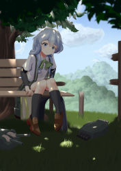 Rule 34 | 1girl, adapted turret, bench, bike shorts, black shorts, blue sky, bow, bowtie, cannon, cloud, dappled sunlight, day, grass, green hairband, grey eyes, grey skirt, hairband, highres, kantai collection, kneehighs, loafers, long hair, machinery, metadio, mountain, outdoors, park bench, pleated skirt, shirt, shoes, shorts, sidelocks, silver hair, sitting, skirt, sky, smokestack, socks, solo, sunlight, suspender skirt, suspenders, torpedo launcher, tree shade, turret, wavy hair, white shirt, yamagumo (kancolle)