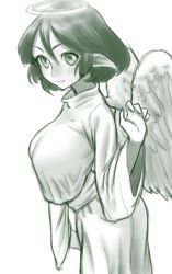 Rule 34 | 1girl, angel, angel wings, breasts, closed mouth, feathered wings, from side, gishu, green theme, hair between eyes, halo, hand up, highres, large breasts, long sleeves, looking at viewer, looking to the side, medium hair, monochrome, pointy ears, shirt, skirt, smile, solo, tsugunael, wide sleeves, wings, yuuutsu-kun to succubus-san