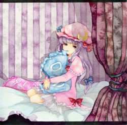Rule 34 | 1girl, bad id, bad pixiv id, bed, black eyes, crescent, crescent moon, dress, female focus, frills, hat, long hair, long sleeves, moon, mouth hold, no nose, painting (medium), patchouli knowledge, pillow, pink theme, pinkxxxna, purple hair, ribbon, sitting, solo, touhou, traditional media, watercolor (medium)