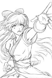 Rule 34 | 1girl, ainu clothes, arm up, armpits, breasts, fingerless gloves, gloves, hair ribbon, highres, legs, long hair, looking at viewer, monochrome, nakoruru, open mouth, outstretched arm, pants, ribbon, samurai spirits, small breasts, snk, solo, thighs, traditional media, weapon