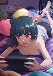Rule 34 | 1girl, birthday, blue hair, breasts, camisole, cellphone, cleavage, collarbone, commentary request, dark blue hair, downblouse, game console, hair bun, handheld game console, holding, holding handheld game console, indoors, love live!, love live! sunshine!!, lying, nintendo switch, on stomach, open mouth, phone, playing games, purple eyes, shamakho, signature, single hair bun, sleeveless, small breasts, smartphone, solo, tsushima yoshiko