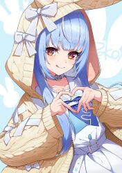 Rule 34 | 1girl, :q, animal hood, aran sweater, belt, blue hair, blue jacket, blue neckerchief, blunt bangs, blush, brown cardigan, cable knit, cardigan, choker, cross-laced clothes, cross-laced sleeves, dress, fur-trimmed jacket, fur trim, hair over shoulder, highres, hikimayu, holding hands, hololive, hood, hooded cardigan, jacket, long hair, long sleeves, looking at viewer, multicolored hair, nazca (yhan mie), neckerchief, official alternate costume, official alternate hairstyle, open cardigan, open clothes, orange eyes, puffy short sleeves, puffy sleeves, rabbit-shaped pupils, rabbit hood, red eyes, sailor collar, sailor dress, short eyebrows, short sleeves, sidelocks, smug, solo, streaked hair, sweater, symbol-shaped pupils, thick eyebrows, tongue, tongue out, two-tone hair, upper body, usada pekora, usada pekora (casual), virtual youtuber, white belt, white choker, white dress, white hair, white sailor collar