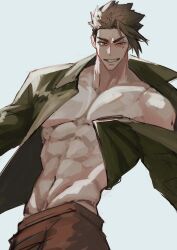 Rule 34 | 1boy, achilles (fate), achilles (fearless diver) (fate), bare pectorals, brown hair, collarbone, fate/grand order, fate (series), green jacket, grin, haruakira, highres, jacket, large pectorals, looking at viewer, male focus, muscular, muscular male, navel, open clothes, open jacket, orange eyes, orange pants, pants, pectorals, short hair, simple background, smile, solo, thick eyebrows, undercut, white background
