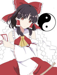 Rule 34 | ascot, black hair, bow, collared shirt, commentary request, detached sleeves, frilled bow, frilled hair tubes, frilled shirt collar, frills, hair bow, hair tubes, hakurei reimu, medium hair, red bow, red shirt, red skirt, red vest, ribbon-trimmed sleeves, ribbon trim, shirt, sidelocks, skirt, skirt set, sleeveless, sleeveless shirt, theon (te2eo), touhou, vest, white sleeves, wide sleeves, yellow ascot